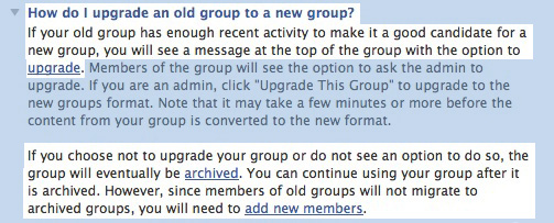 Facebook Upgrade FAQ Screenshot